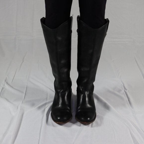 Frye 6-1/2" Genuine Black Leather Knee High Riding Boots with Low Heel - Picture 3 of 11